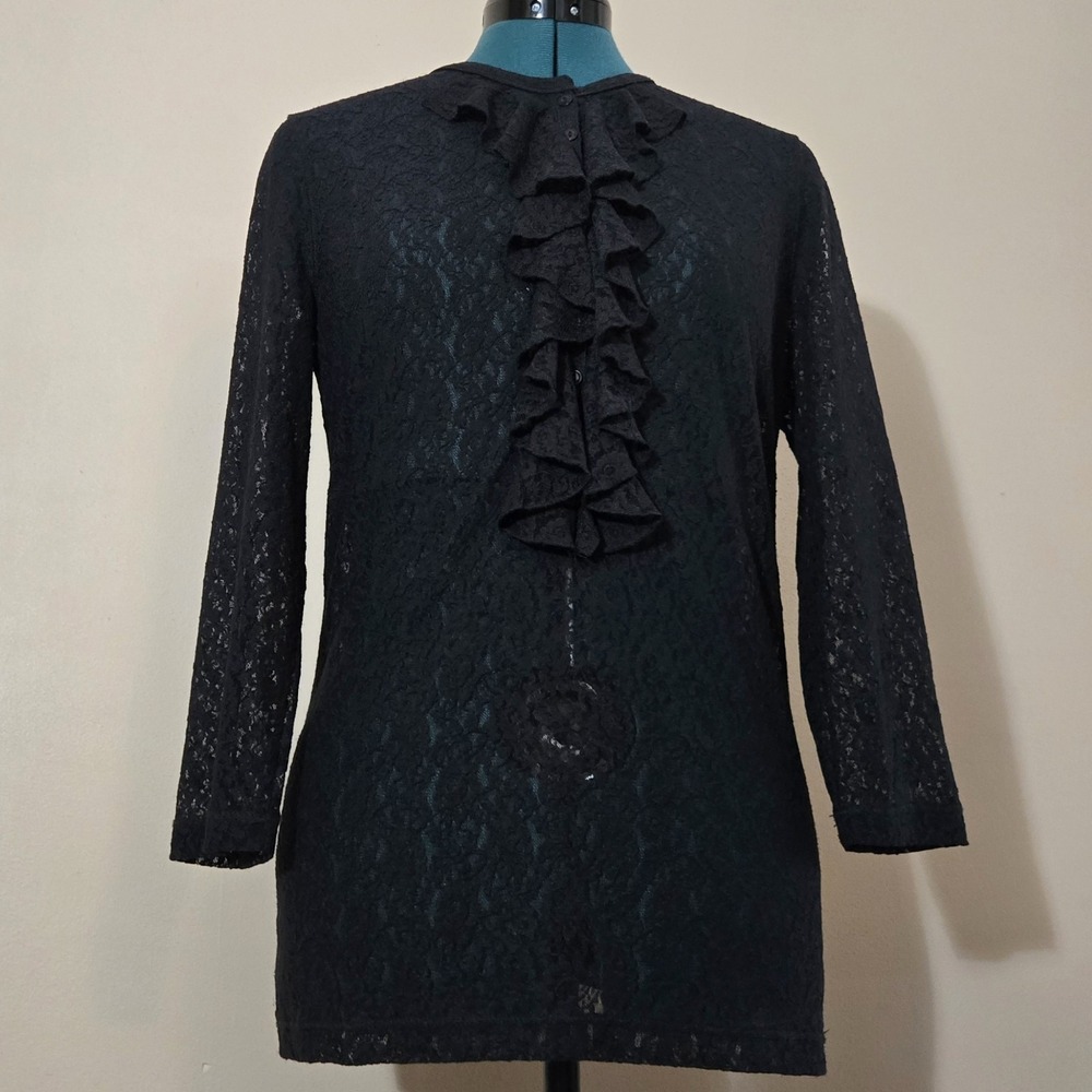 LRL Ralph Lauren Black Lace Ruffle Blouse Vintage Dark Academia Goth Romance M